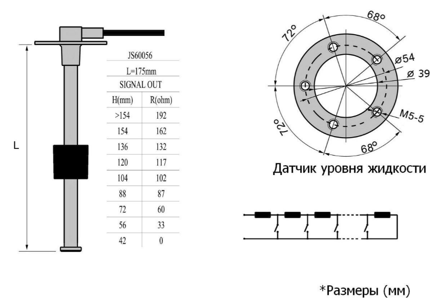 Датчик уровня 175 мм, 0-190 Ом (ЕВРО)